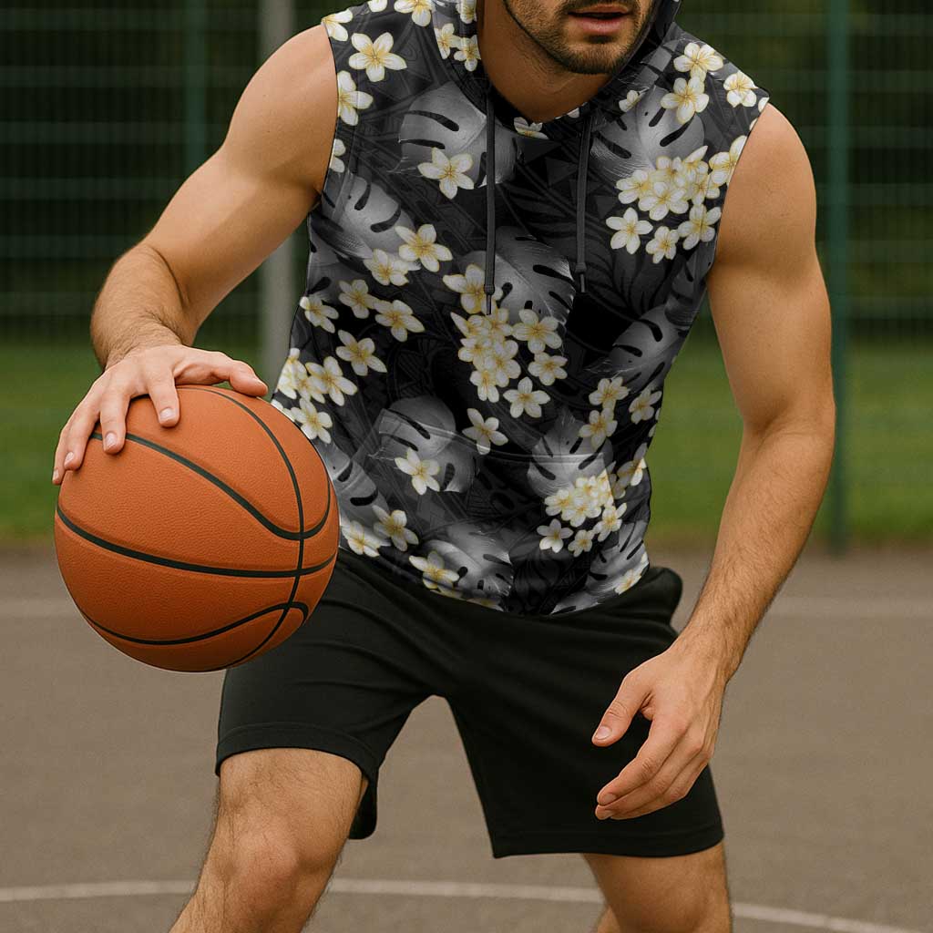 Black Tropical Hawaii Sleeveless Hoodie Seamless Monstera Plumeria Hawaiian Pattern LT14 - Polynesian Pride