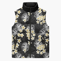 Black Tropical Hawaii Sleeveless Puffer Jacket Seamless Monstera Plumeria Hawaiian Pattern LT14 Unisex Black - Polynesian Pride