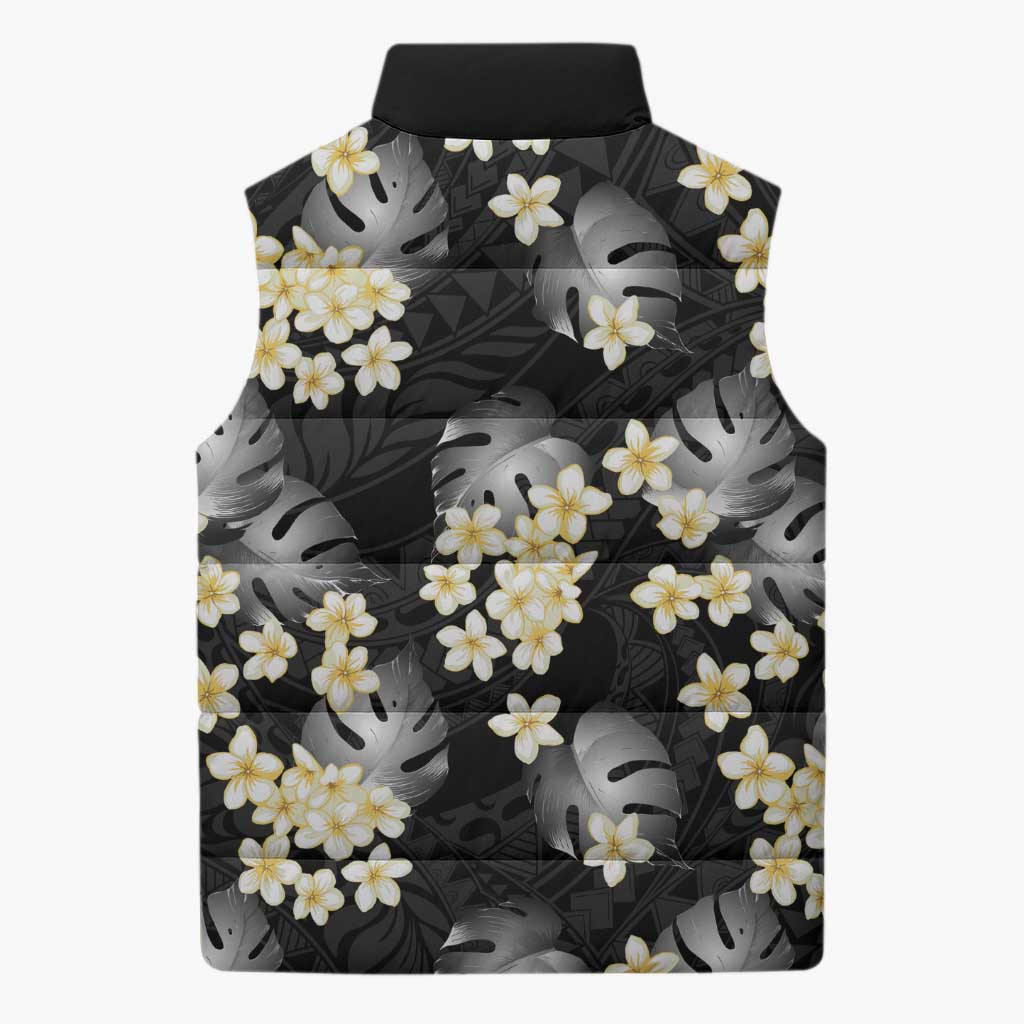 Black Tropical Hawaii Sleeveless Puffer Jacket Seamless Monstera Plumeria Hawaiian Pattern LT14 - Polynesian Pride