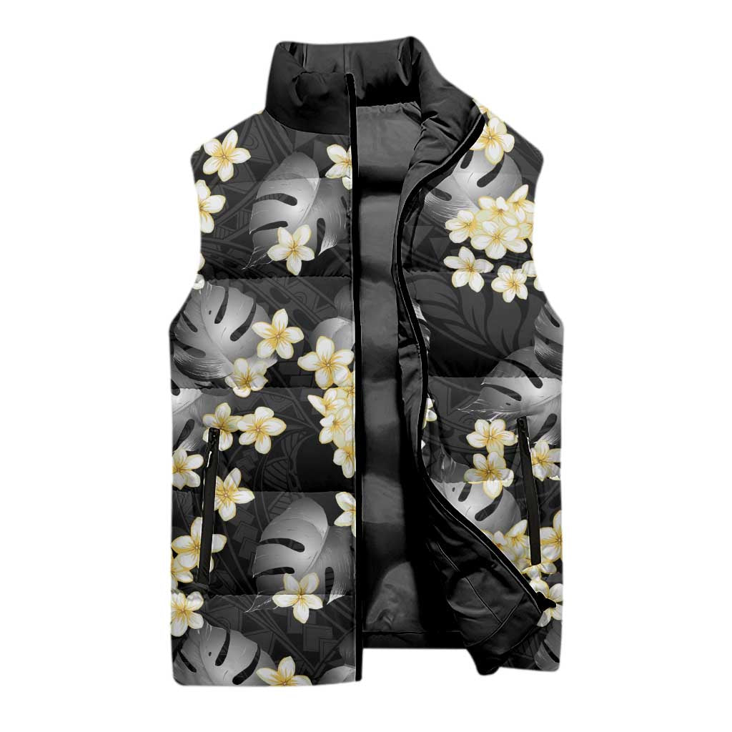 Black Tropical Hawaii Sleeveless Puffer Jacket Seamless Monstera Plumeria Hawaiian Pattern LT14 - Polynesian Pride