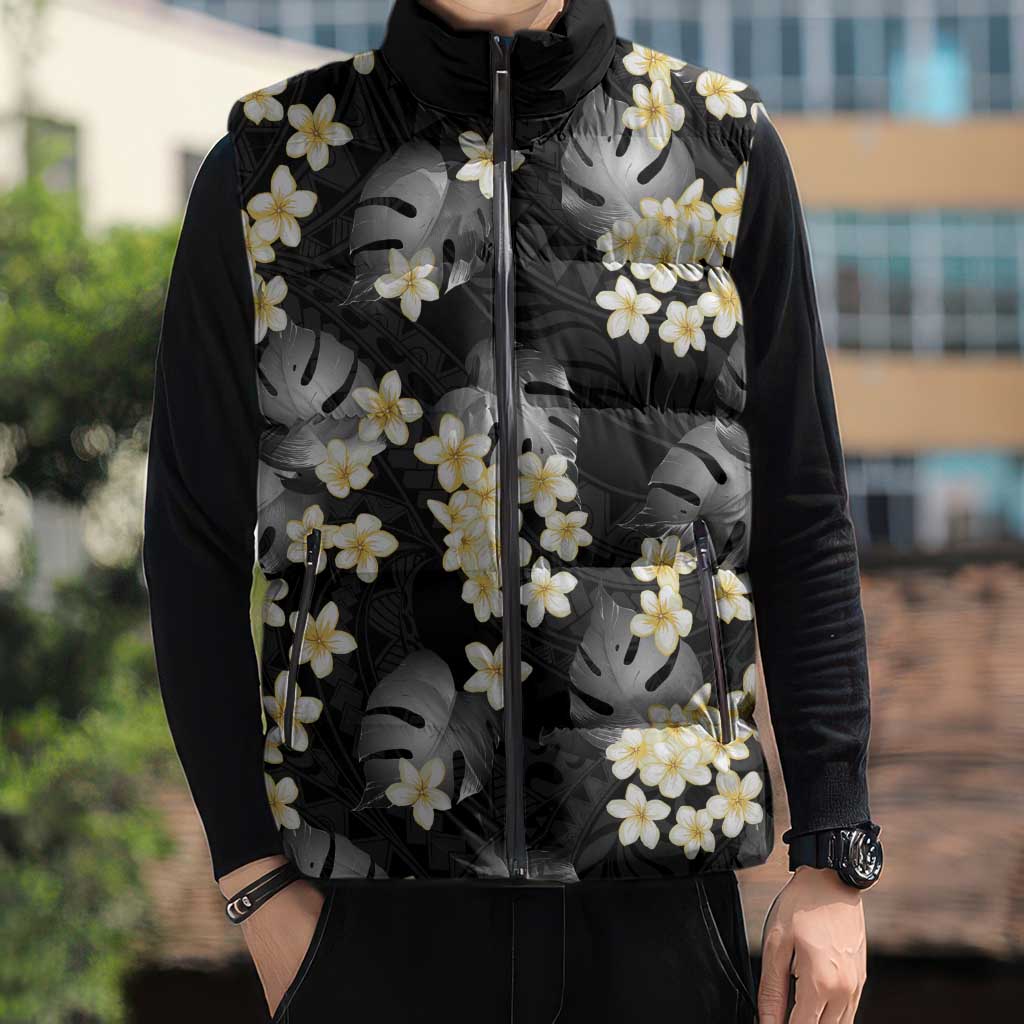 Black Tropical Hawaii Sleeveless Puffer Jacket Seamless Monstera Plumeria Hawaiian Pattern LT14 - Polynesian Pride