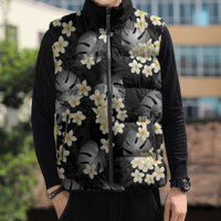 Black Tropical Hawaii Sleeveless Puffer Jacket Seamless Monstera Plumeria Hawaiian Pattern LT14 - Polynesian Pride