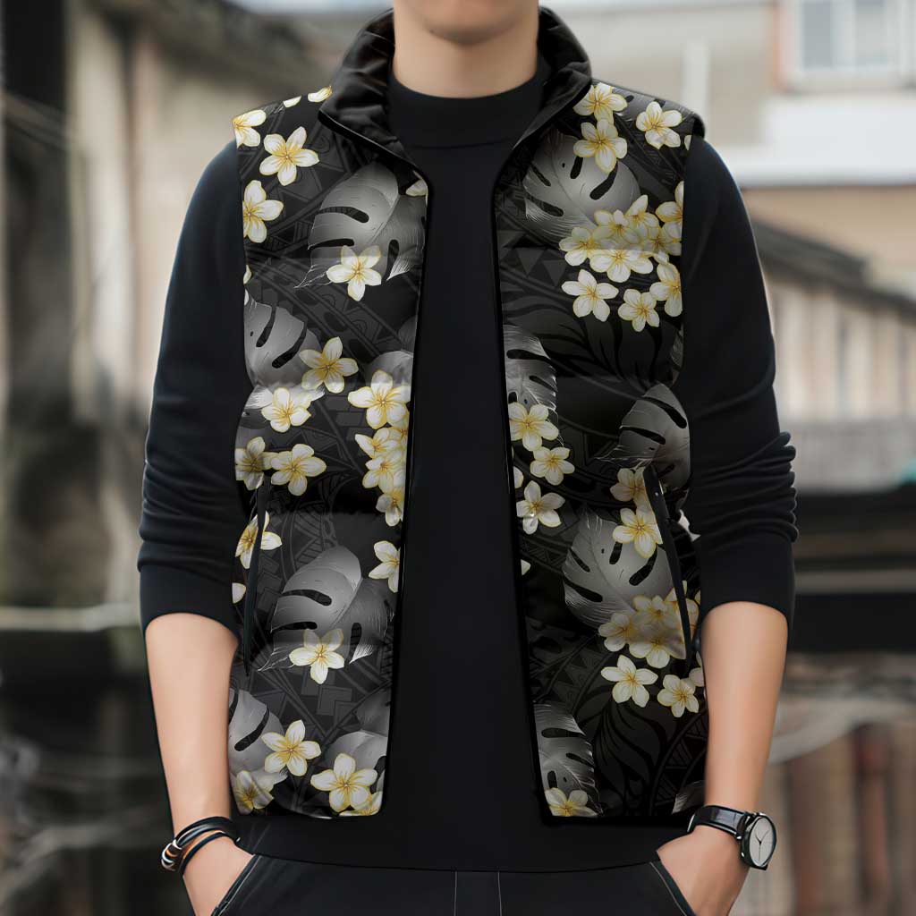 Black Tropical Hawaii Sleeveless Puffer Jacket Seamless Monstera Plumeria Hawaiian Pattern LT14 - Polynesian Pride