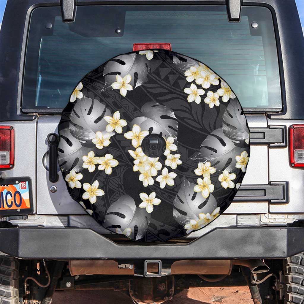 Black Tropical Hawaii Spare Tire Cover Seamless Monstera Plumeria Hawaiian Pattern LT14 Black - Polynesian Pride