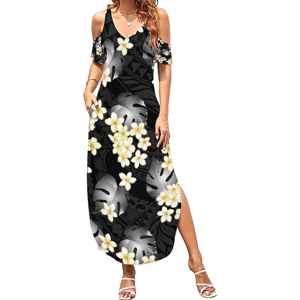 Black Tropical Hawaii Summer Maxi Dress Seamless Monstera Plumeria Hawaiian Pattern LT14 Women Black - Polynesian Pride
