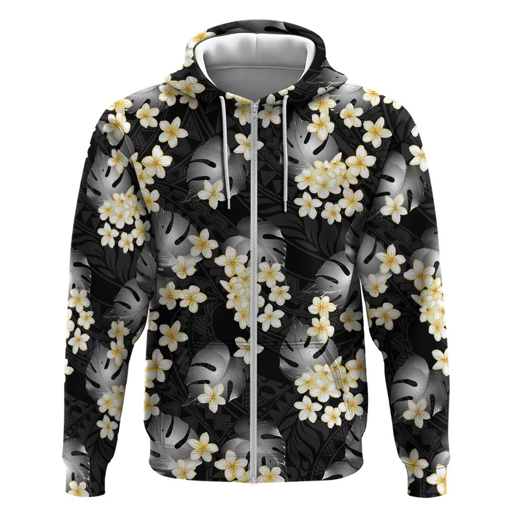 Black Tropical Hawaii Zip Hoodie Seamless Monstera Plumeria Hawaiian Pattern LT14 Zip Hoodie Black - Polynesian Pride