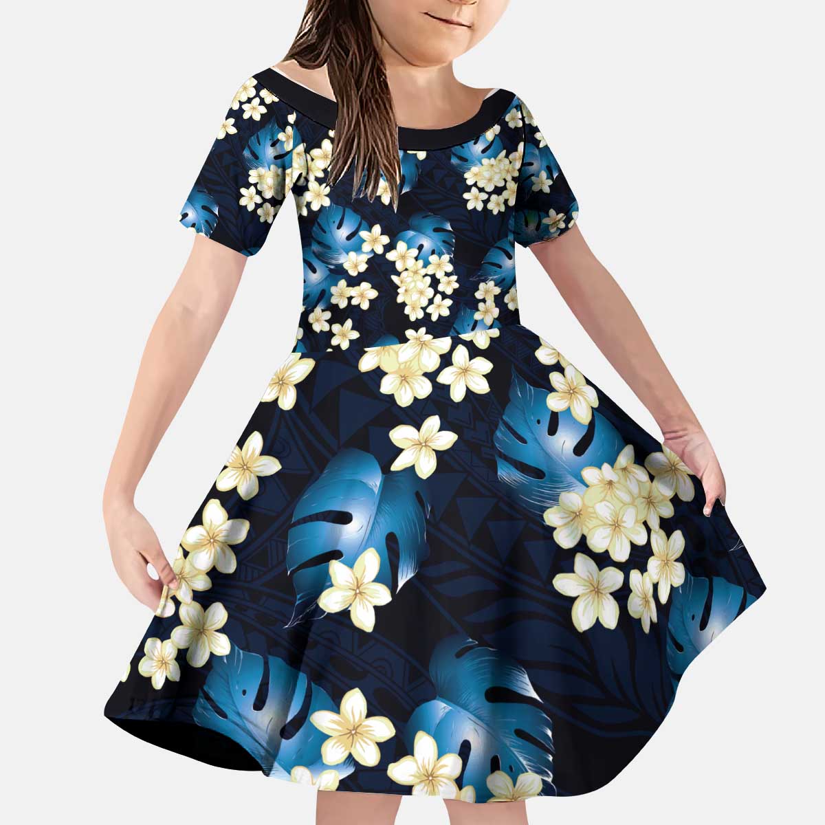 Blue Tropical Hawaii Kid Short Sleeve Dress Seamless Monstera Plumeria Hawaiian Pattern LT14 KID Blue - Polynesian Pride