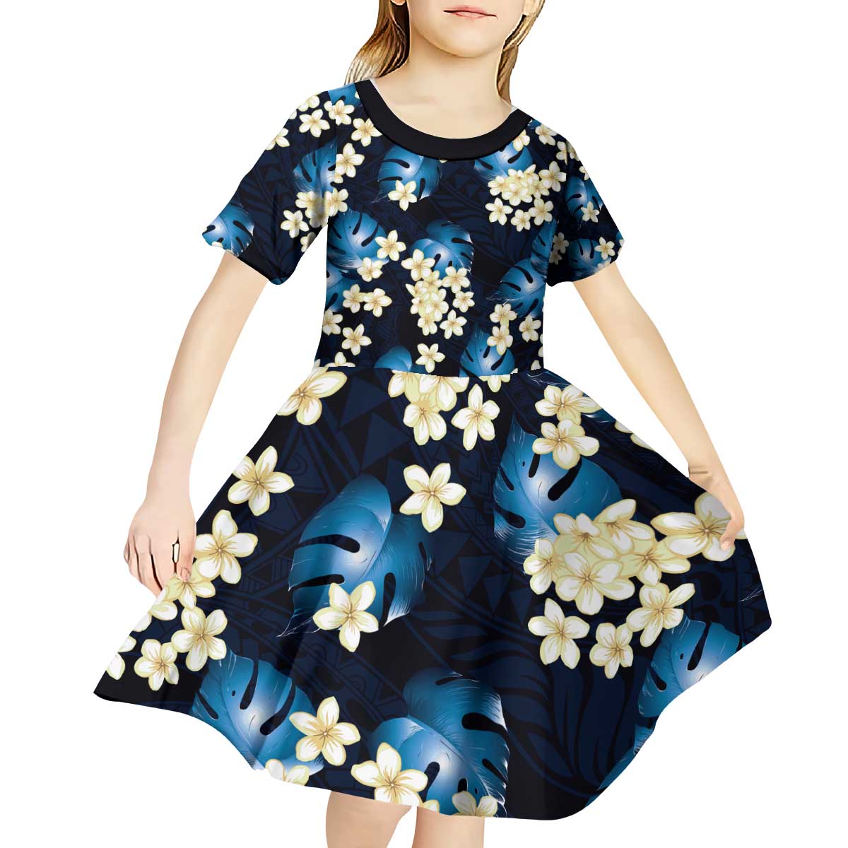 Blue Tropical Hawaii Kid Short Sleeve Dress Seamless Monstera Plumeria Hawaiian Pattern LT14 - Polynesian Pride
