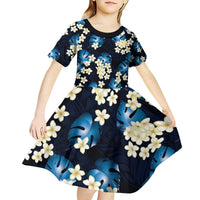 Blue Tropical Hawaii Kid Short Sleeve Dress Seamless Monstera Plumeria Hawaiian Pattern LT14 - Polynesian Pride