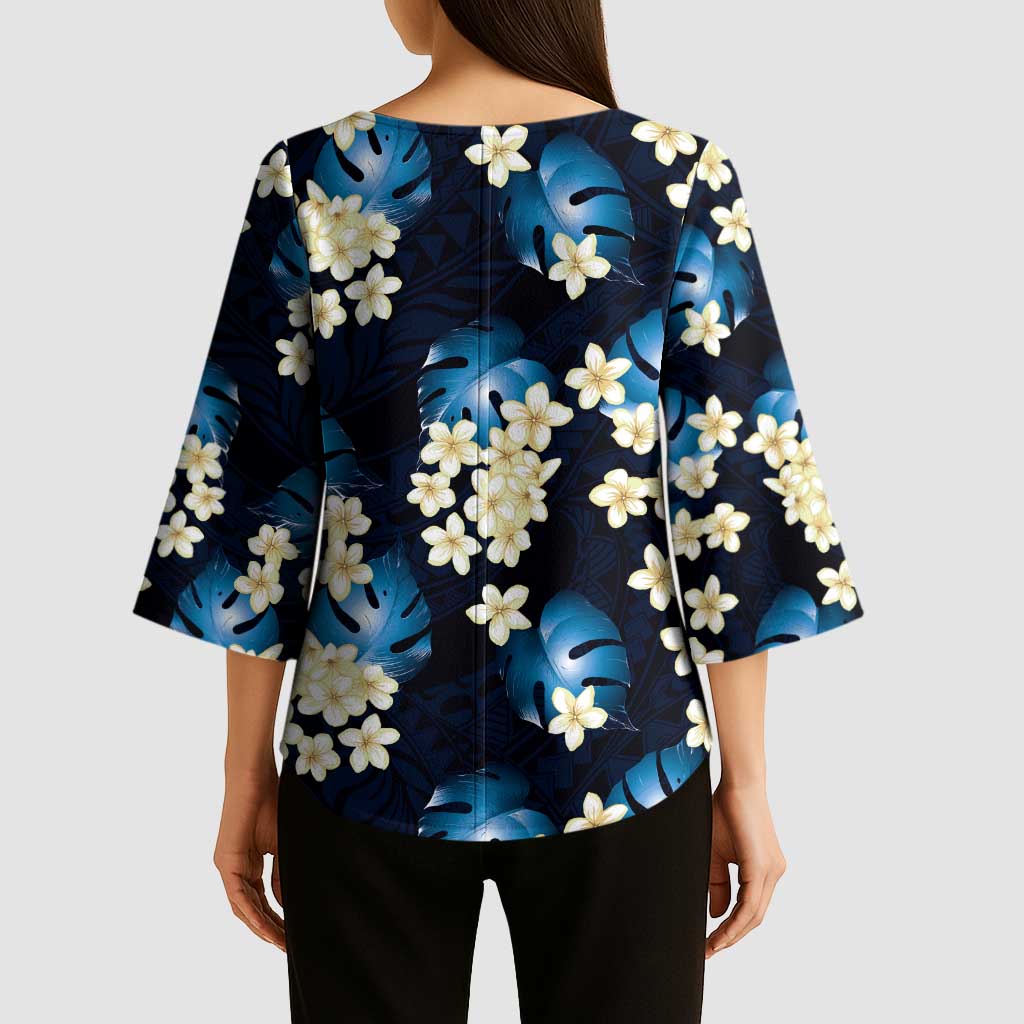 Blue Tropical Hawaii Kimono Sleeve Blouse Seamless Monstera Plumeria Hawaiian Pattern LT14 - Polynesian Pride