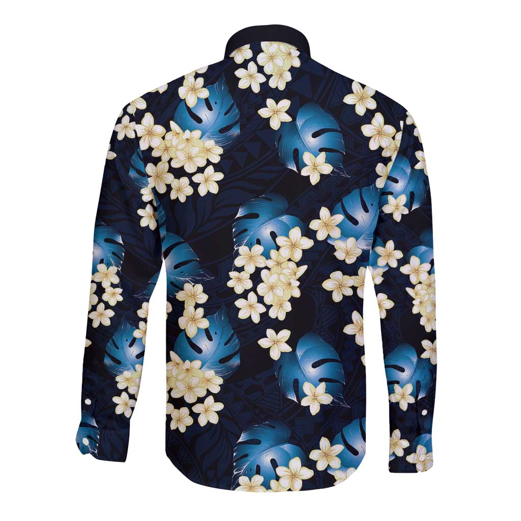 Blue Tropical Hawaii Long Sleeve Button Shirt Seamless Monstera Plumeria Hawaiian Pattern LT14 - Polynesian Pride