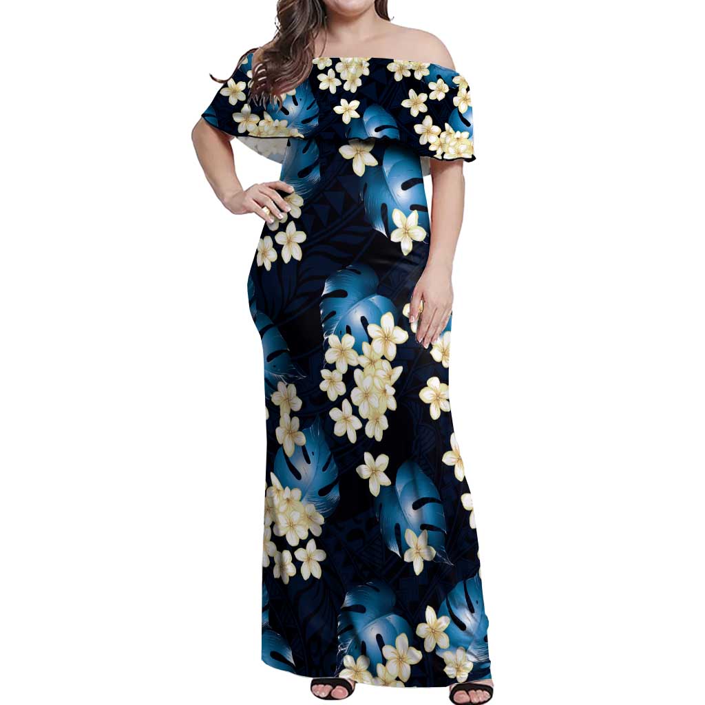 Blue Tropical Hawaii Off Shoulder Maxi Dress Seamless Monstera Plumeria Hawaiian Pattern LT14 Women Blue - Polynesian Pride