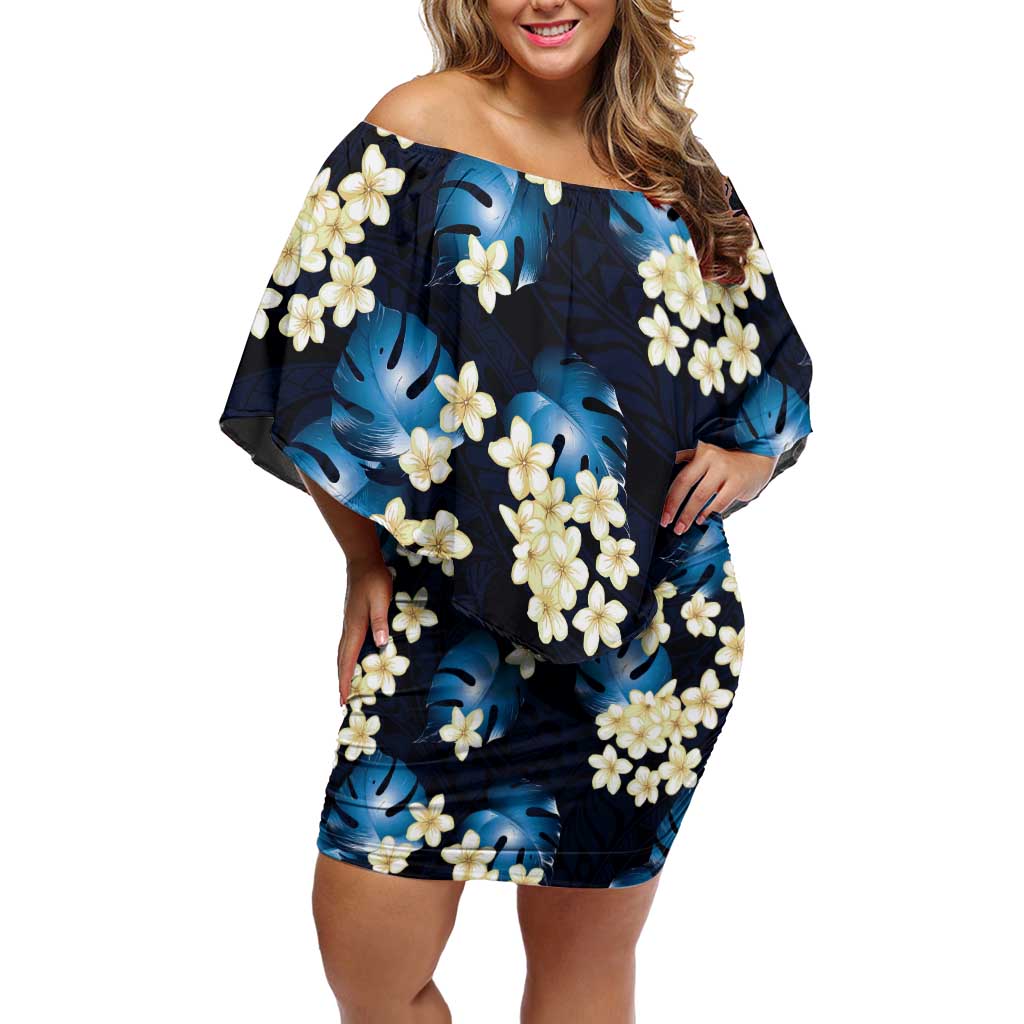 Blue Tropical Hawaii Off Shoulder Short Dress Seamless Monstera Plumeria Hawaiian Pattern LT14 Women Blue - Polynesian Pride