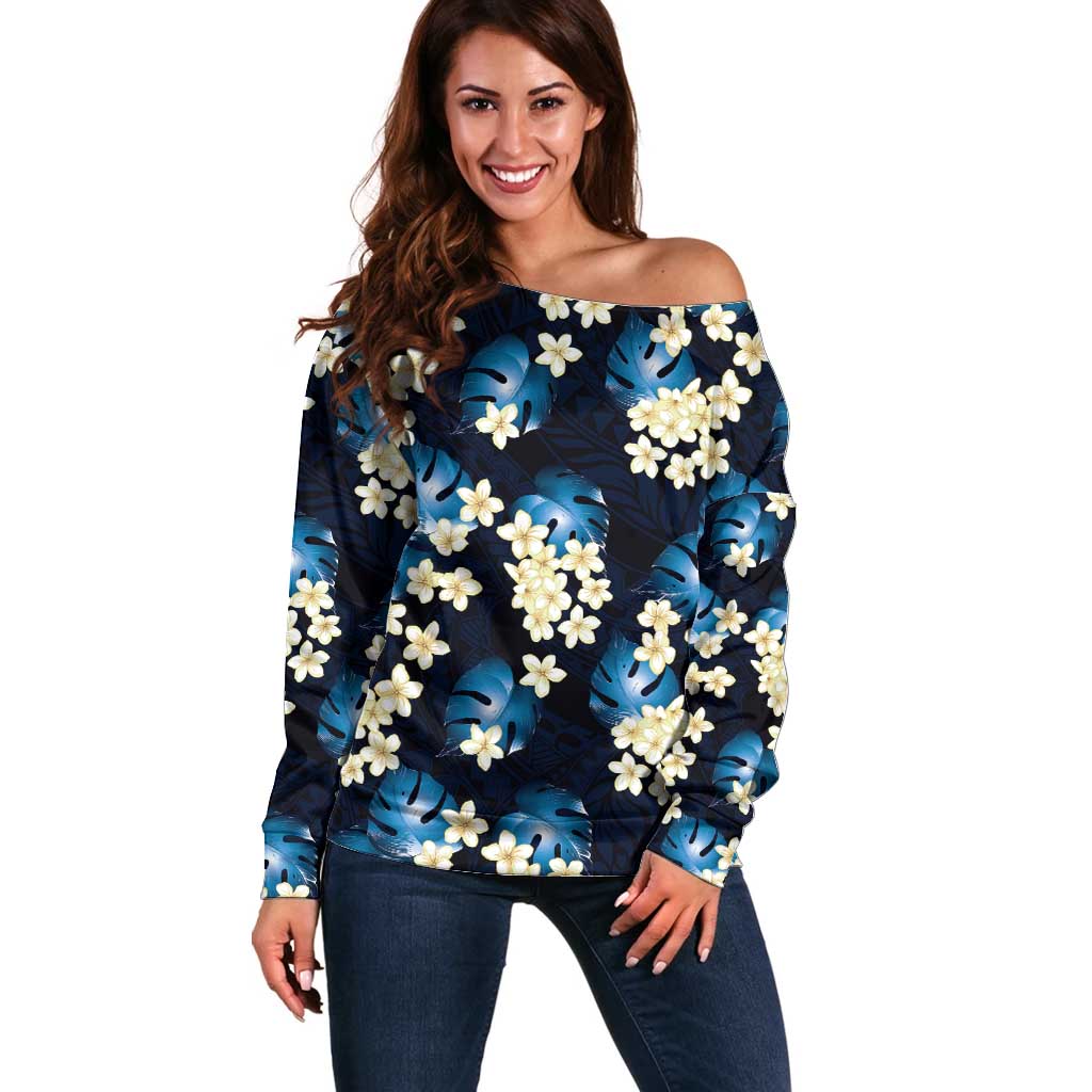 Blue Tropical Hawaii Off Shoulder Sweater Seamless Monstera Plumeria Hawaiian Pattern LT14 Women Blue - Polynesian Pride