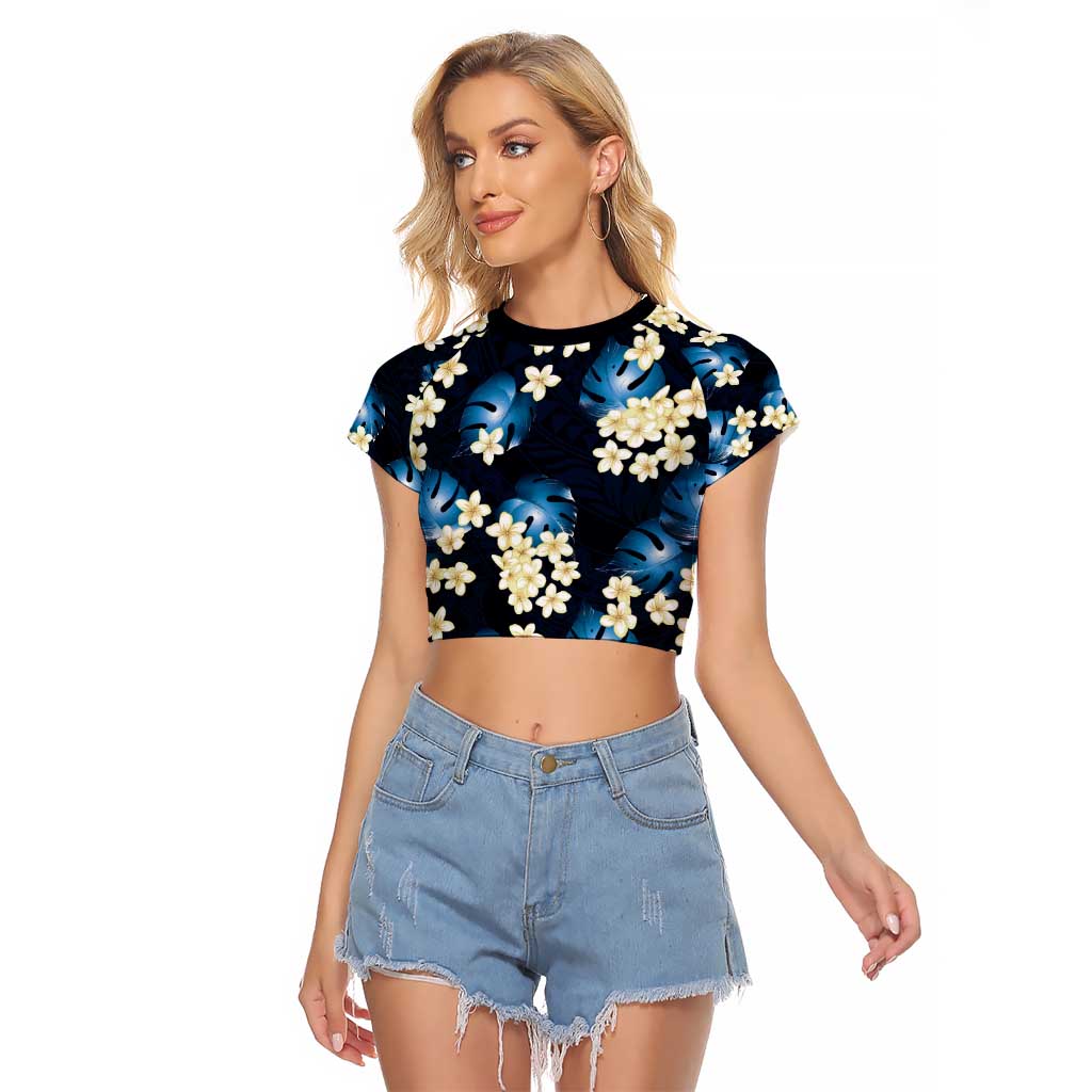 Blue Tropical Hawaii Raglan Cropped T Shirt Seamless Monstera Plumeria Hawaiian Pattern LT14 Female Blue - Polynesian Pride
