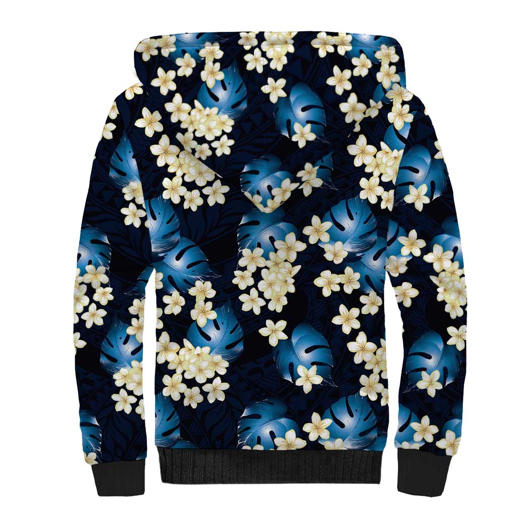 Blue Tropical Hawaii Sherpa Hoodie Seamless Monstera Plumeria Hawaiian Pattern LT14 - Polynesian Pride