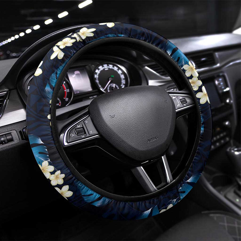 Blue Tropical Hawaii Steering Wheel Cover Seamless Monstera Plumeria Hawaiian Pattern LT14 Universal Fit Blue - Polynesian Pride
