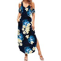 Blue Tropical Hawaii Summer Maxi Dress Seamless Monstera Plumeria Hawaiian Pattern LT14 Women Blue - Polynesian Pride
