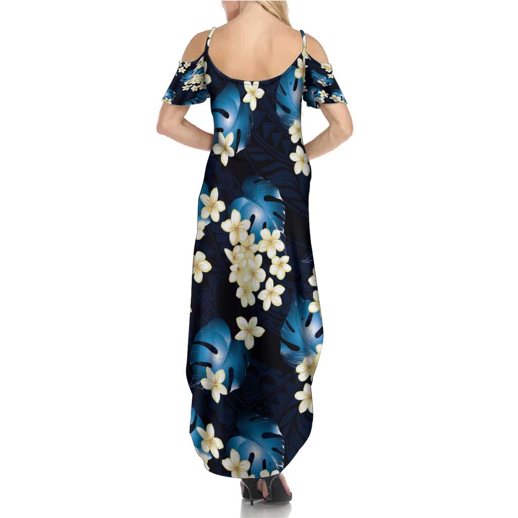 Blue Tropical Hawaii Summer Maxi Dress Seamless Monstera Plumeria Hawaiian Pattern LT14 - Polynesian Pride
