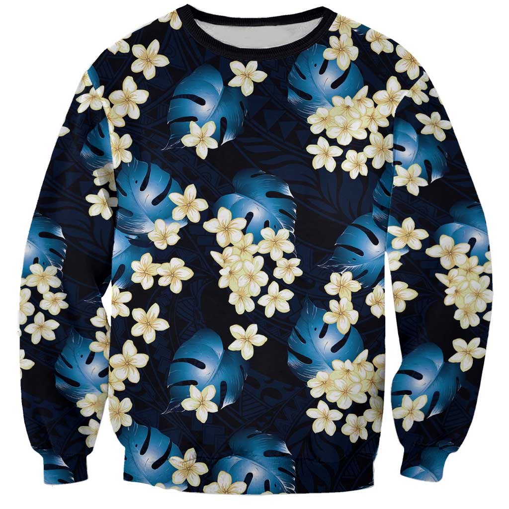 Blue Tropical Hawaii Sweatshirt Seamless Monstera Plumeria Hawaiian Pattern LT14 Unisex Blue - Polynesian Pride