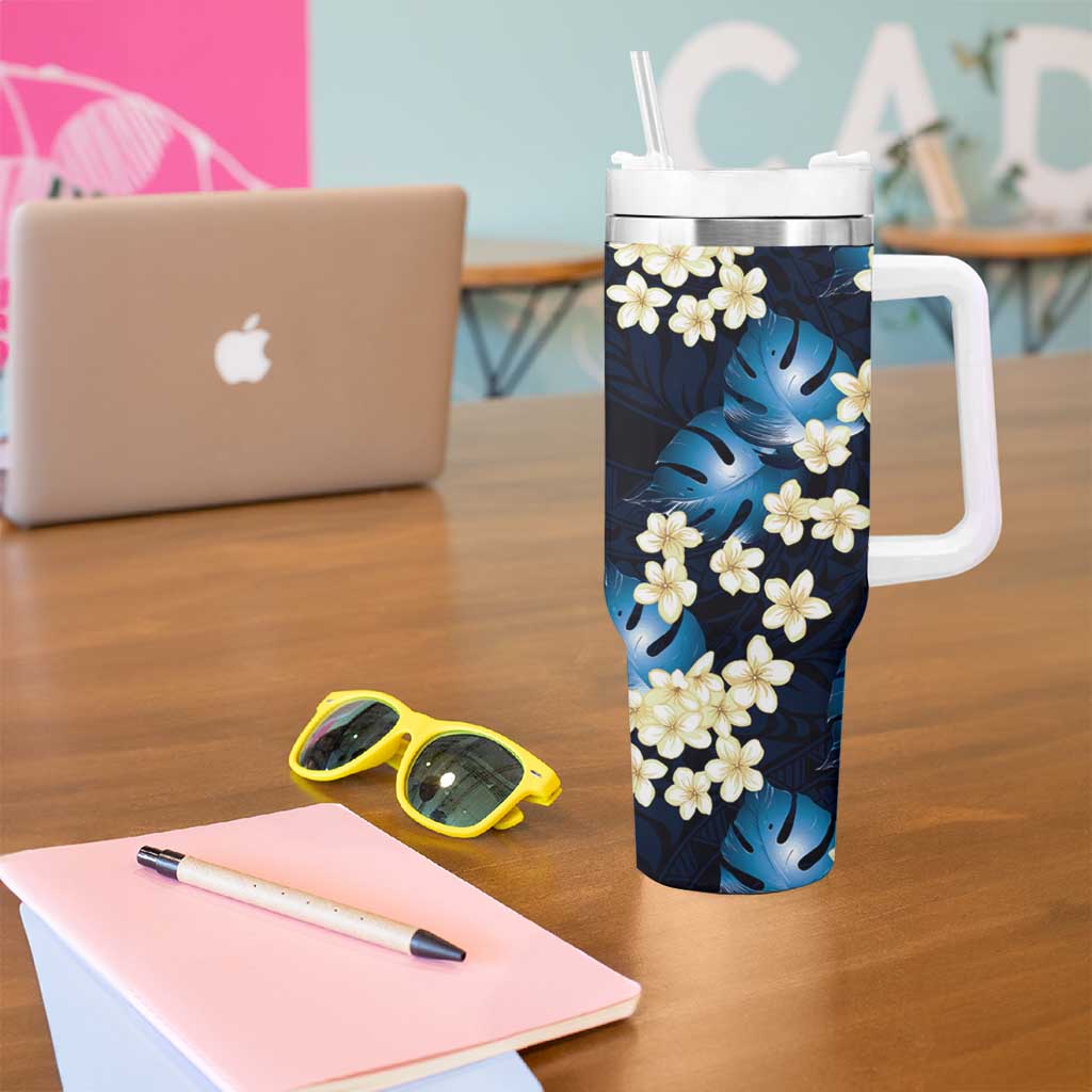 Blue Tropical Hawaii Tumbler With Handle Seamless Monstera Plumeria Hawaiian Pattern LT14 - Polynesian Pride