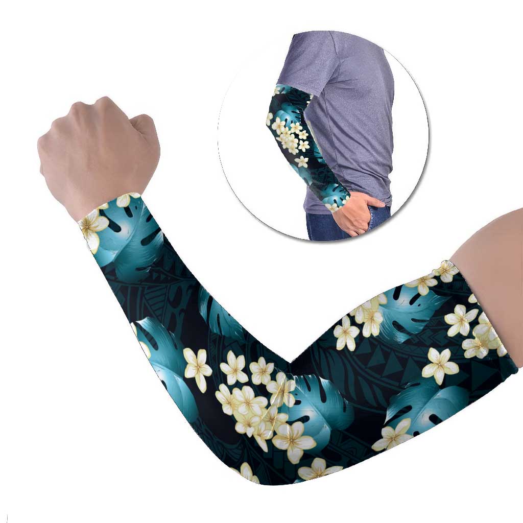 Dark Cyan Tropical Hawaii Arm Sleeves Seamless Monstera Plumeria Hawaiian Pattern LT14 Set of 2 Dark Cyan - Polynesian Pride