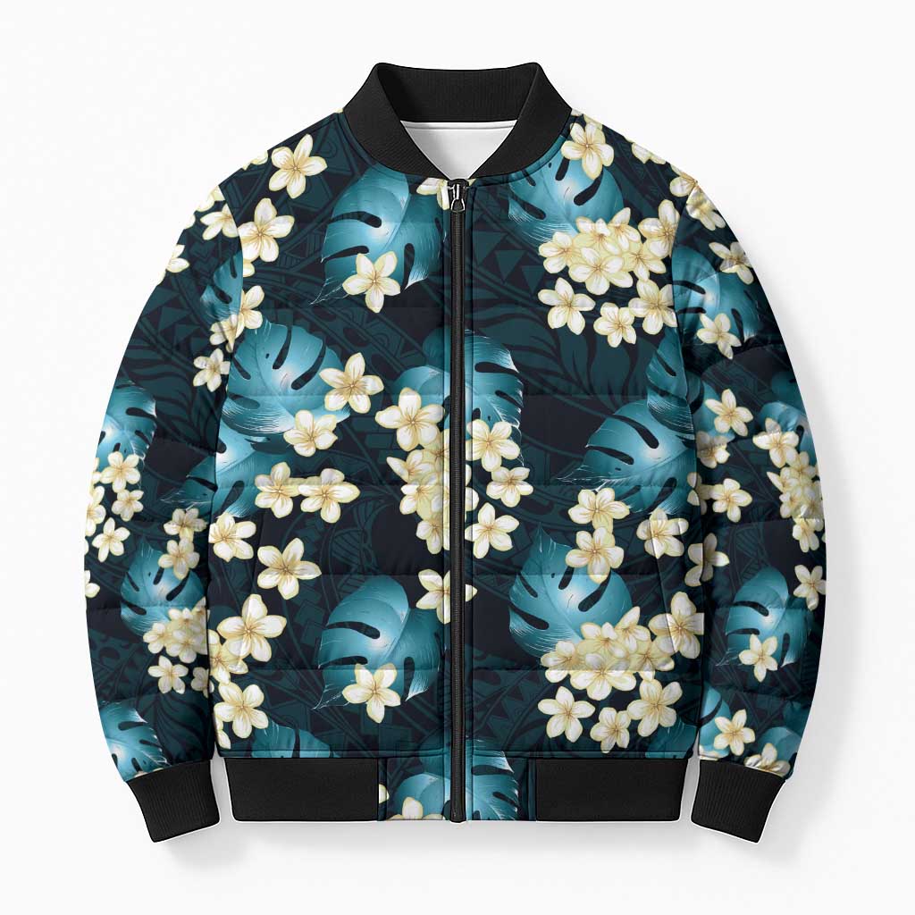 Dark Cyan Tropical Hawaii Bomber Puffer Jacket Seamless Monstera Plumeria Hawaiian Pattern LT14 Unisex Dark Cyan - Polynesian Pride