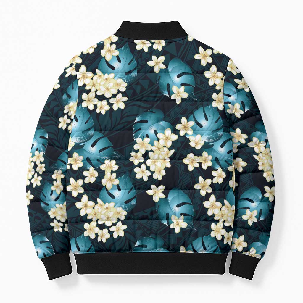 Dark Cyan Tropical Hawaii Bomber Puffer Jacket Seamless Monstera Plumeria Hawaiian Pattern LT14 - Polynesian Pride