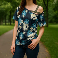 Dark Cyan Tropical Hawaii Cross Shoulder Shirt Seamless Monstera Plumeria Hawaiian Pattern LT14 - Polynesian Pride