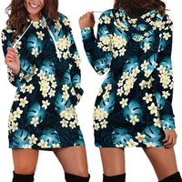 Dark Cyan Tropical Hawaii Hoodie Dress Seamless Monstera Plumeria Hawaiian Pattern LT14 - Polynesian Pride