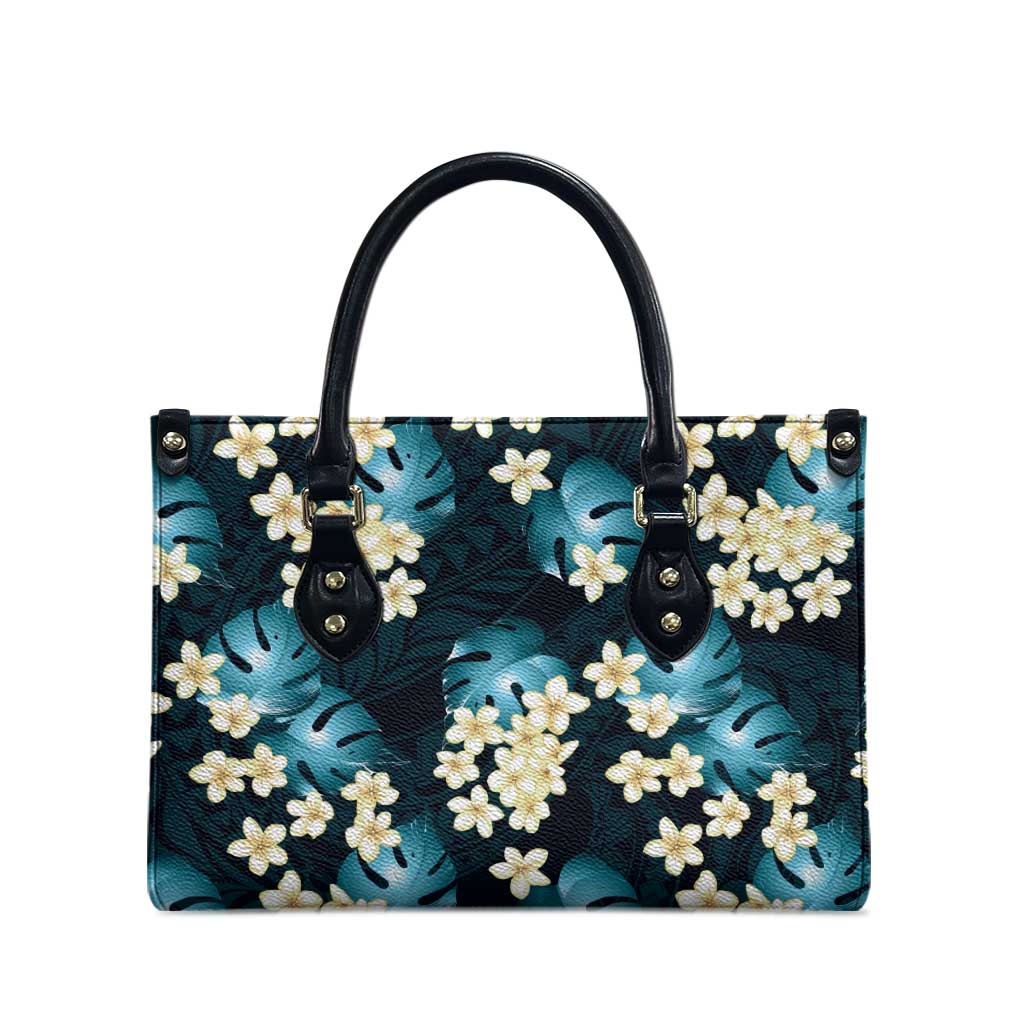 Dark Cyan Tropical Hawaii Leather Bag Seamless Monstera Plumeria Hawaiian Pattern LT14 - Polynesian Pride