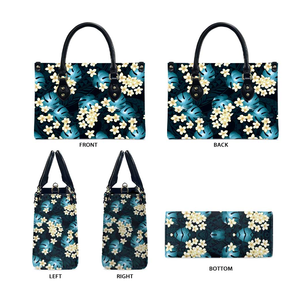 Dark Cyan Tropical Hawaii Leather Bag Seamless Monstera Plumeria Hawaiian Pattern LT14 - Polynesian Pride
