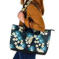Dark Cyan Tropical Hawaii Leather Tote Bag Seamless Monstera Plumeria Hawaiian Pattern LT14 Dark Cyan - Polynesian Pride