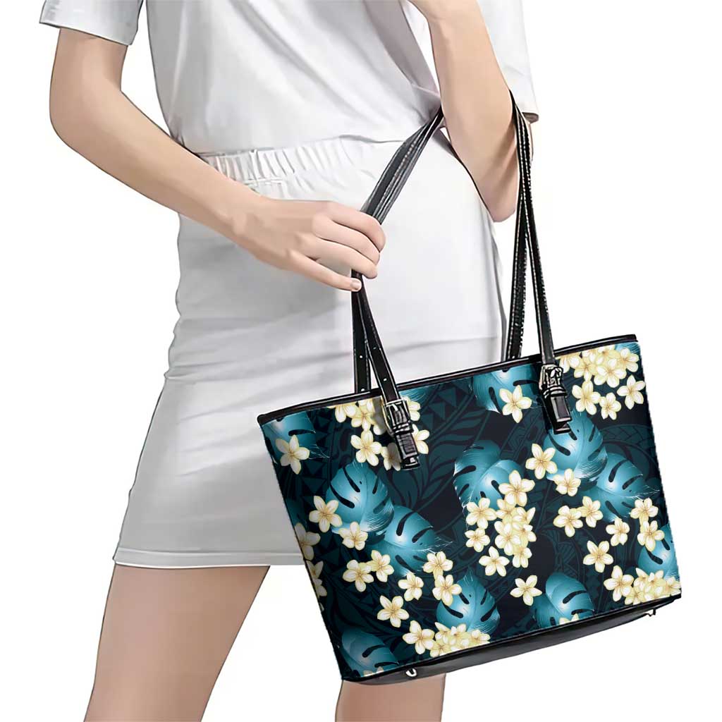 Dark Cyan Tropical Hawaii Leather Tote Bag Seamless Monstera Plumeria Hawaiian Pattern LT14 - Polynesian Pride