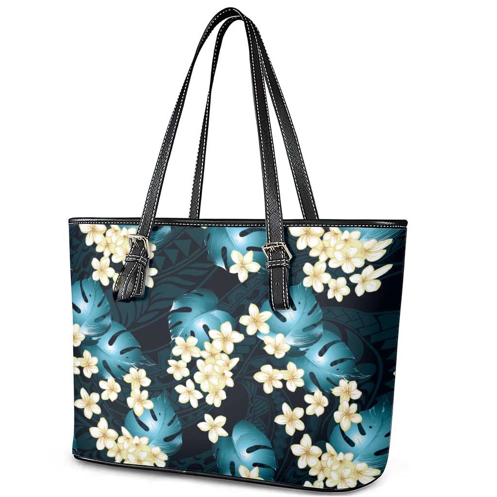 Dark Cyan Tropical Hawaii Leather Tote Bag Seamless Monstera Plumeria Hawaiian Pattern LT14 - Polynesian Pride