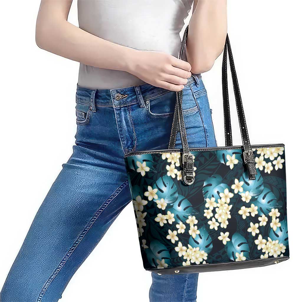 Dark Cyan Tropical Hawaii Leather Tote Bag Seamless Monstera Plumeria Hawaiian Pattern LT14 - Polynesian Pride