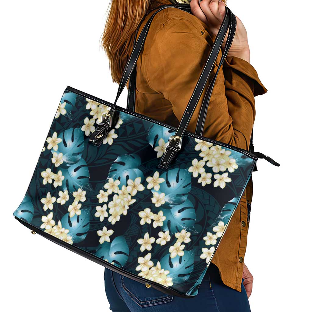Dark Cyan Tropical Hawaii Leather Tote Bag Seamless Monstera Plumeria Hawaiian Pattern LT14 - Polynesian Pride