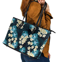 Dark Cyan Tropical Hawaii Leather Tote Bag Seamless Monstera Plumeria Hawaiian Pattern LT14 - Polynesian Pride