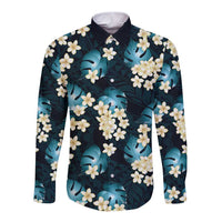 Dark Cyan Tropical Hawaii Long Sleeve Button Shirt Seamless Monstera Plumeria Hawaiian Pattern LT14 Unisex Dark Cyan - Polynesian Pride