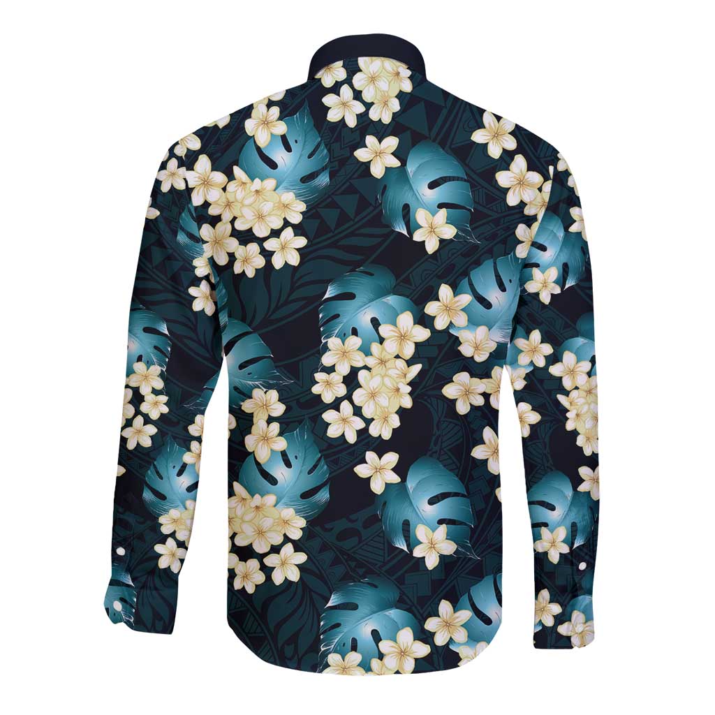 Dark Cyan Tropical Hawaii Long Sleeve Button Shirt Seamless Monstera Plumeria Hawaiian Pattern LT14 - Polynesian Pride