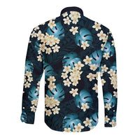 Dark Cyan Tropical Hawaii Long Sleeve Button Shirt Seamless Monstera Plumeria Hawaiian Pattern LT14 - Polynesian Pride