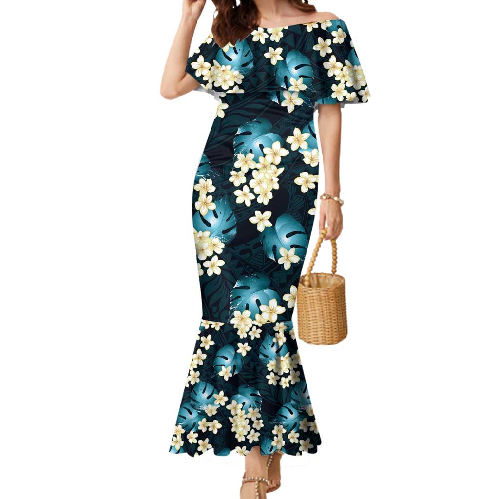 Dark Cyan Tropical Hawaii Mermaid Dress Seamless Monstera Plumeria Hawaiian Pattern LT14 Women Dark Cyan - Polynesian Pride