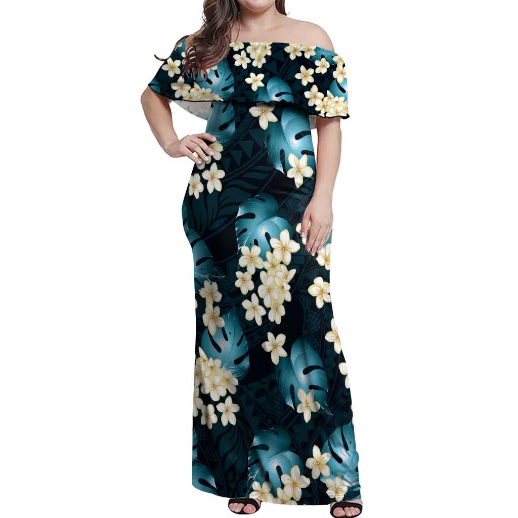 Dark Cyan Tropical Hawaii Off Shoulder Maxi Dress Seamless Monstera Plumeria Hawaiian Pattern LT14 Women Dark Cyan - Polynesian Pride