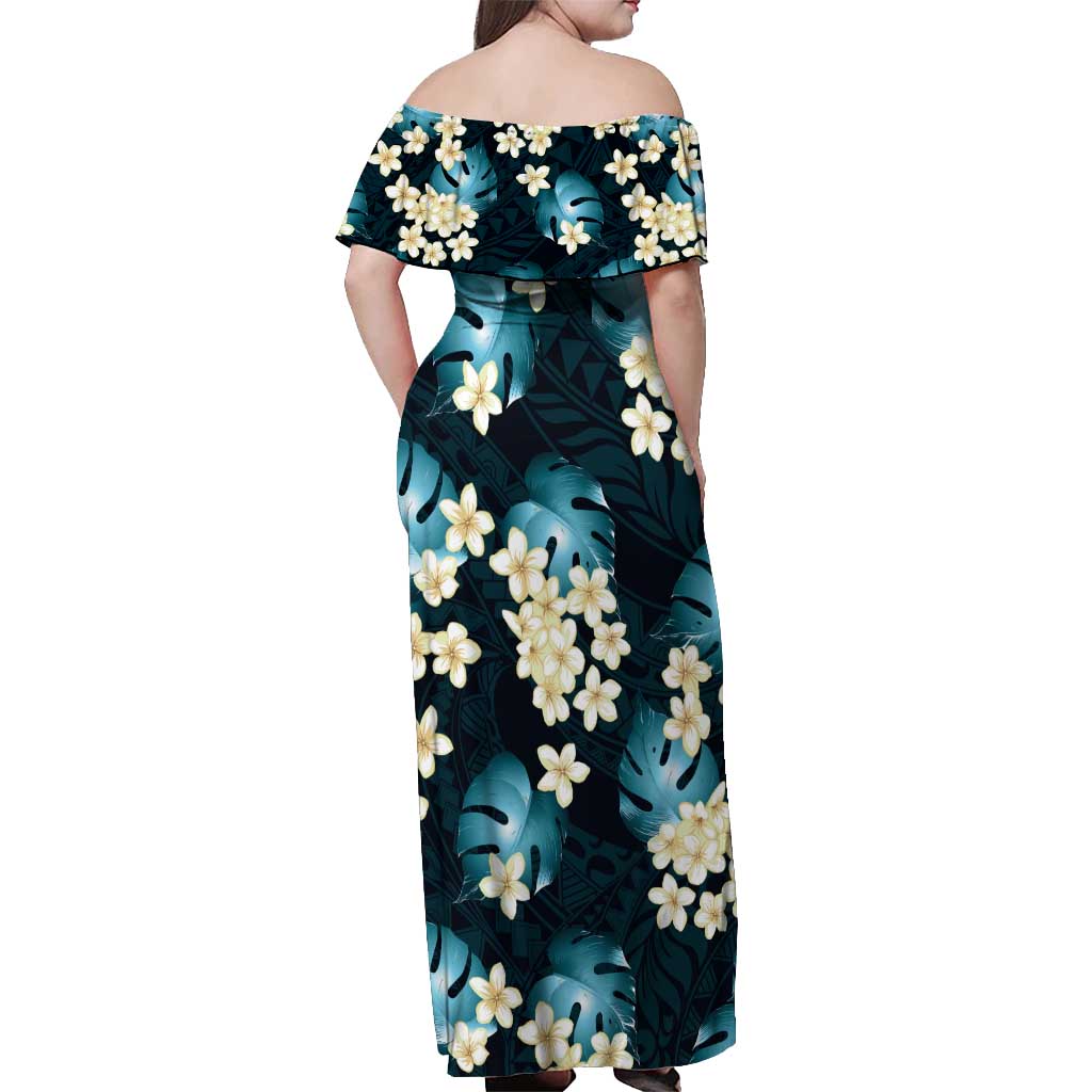 Dark Cyan Tropical Hawaii Off Shoulder Maxi Dress Seamless Monstera Plumeria Hawaiian Pattern LT14 - Polynesian Pride