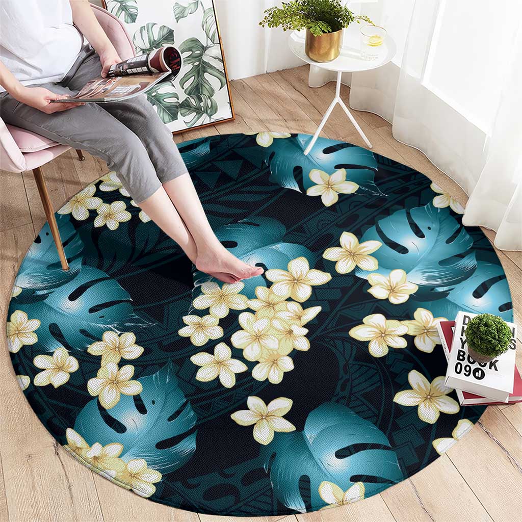 Dark Cyan Tropical Hawaii Round Carpet Seamless Monstera Plumeria Hawaiian Pattern LT14 - Polynesian Pride