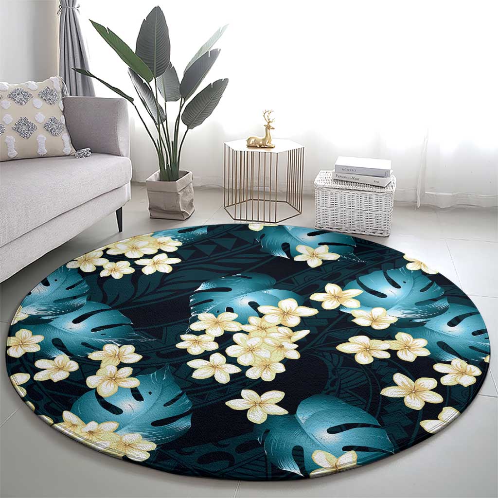 Dark Cyan Tropical Hawaii Round Carpet Seamless Monstera Plumeria Hawaiian Pattern LT14 - Polynesian Pride