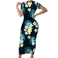 Dark Cyan Tropical Hawaii Short Sleeve Bodycon Dress Seamless Monstera Plumeria Hawaiian Pattern LT14 Long Dress Dark Cyan - Polynesian Pride