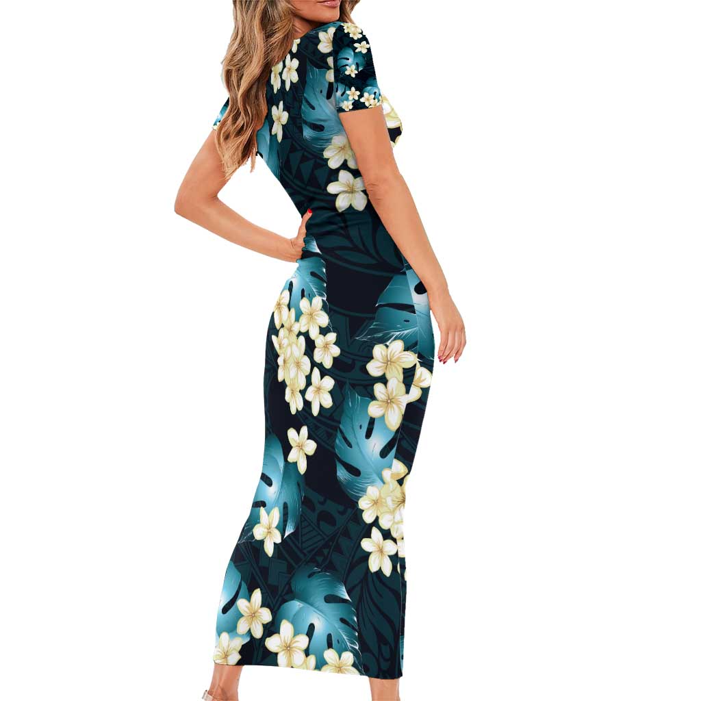 Dark Cyan Tropical Hawaii Short Sleeve Bodycon Dress Seamless Monstera Plumeria Hawaiian Pattern LT14 - Polynesian Pride