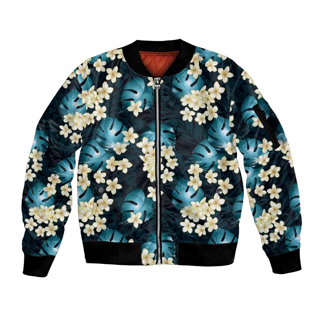 Dark Cyan Tropical Hawaii Sleeve Zip Bomber Jacket Seamless Monstera Plumeria Hawaiian Pattern LT14 Unisex Dark Cyan - Polynesian Pride