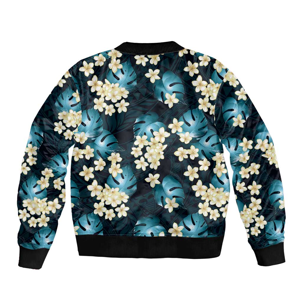 Dark Cyan Tropical Hawaii Sleeve Zip Bomber Jacket Seamless Monstera Plumeria Hawaiian Pattern LT14 - Polynesian Pride